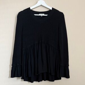 Rag Poets Rib V Neck Flowy Bell Sleeve Ruffle Hem Drapey Black Sweater Small